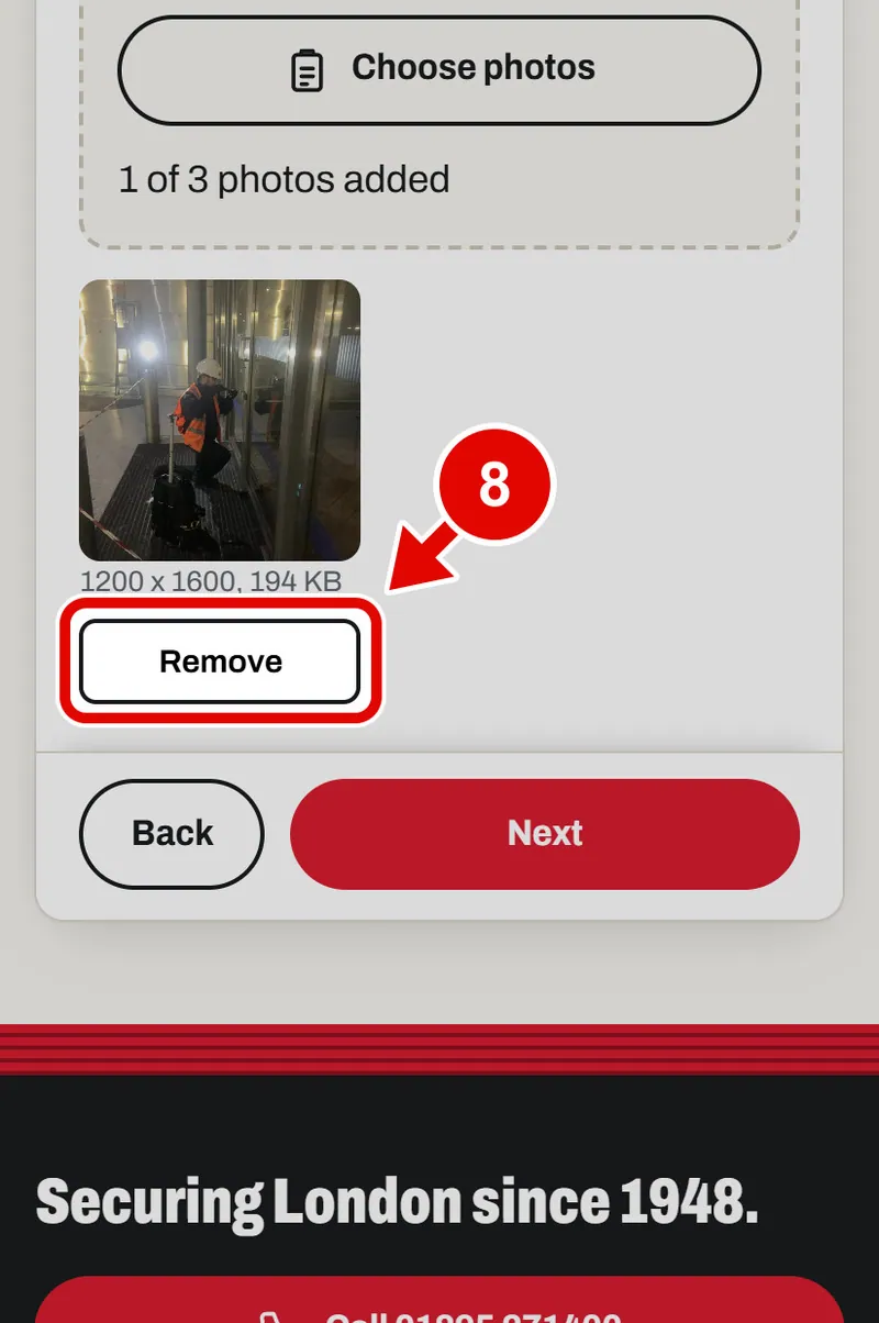 Screen grab from Book a survey, on a phone. A red box marks the part to use.