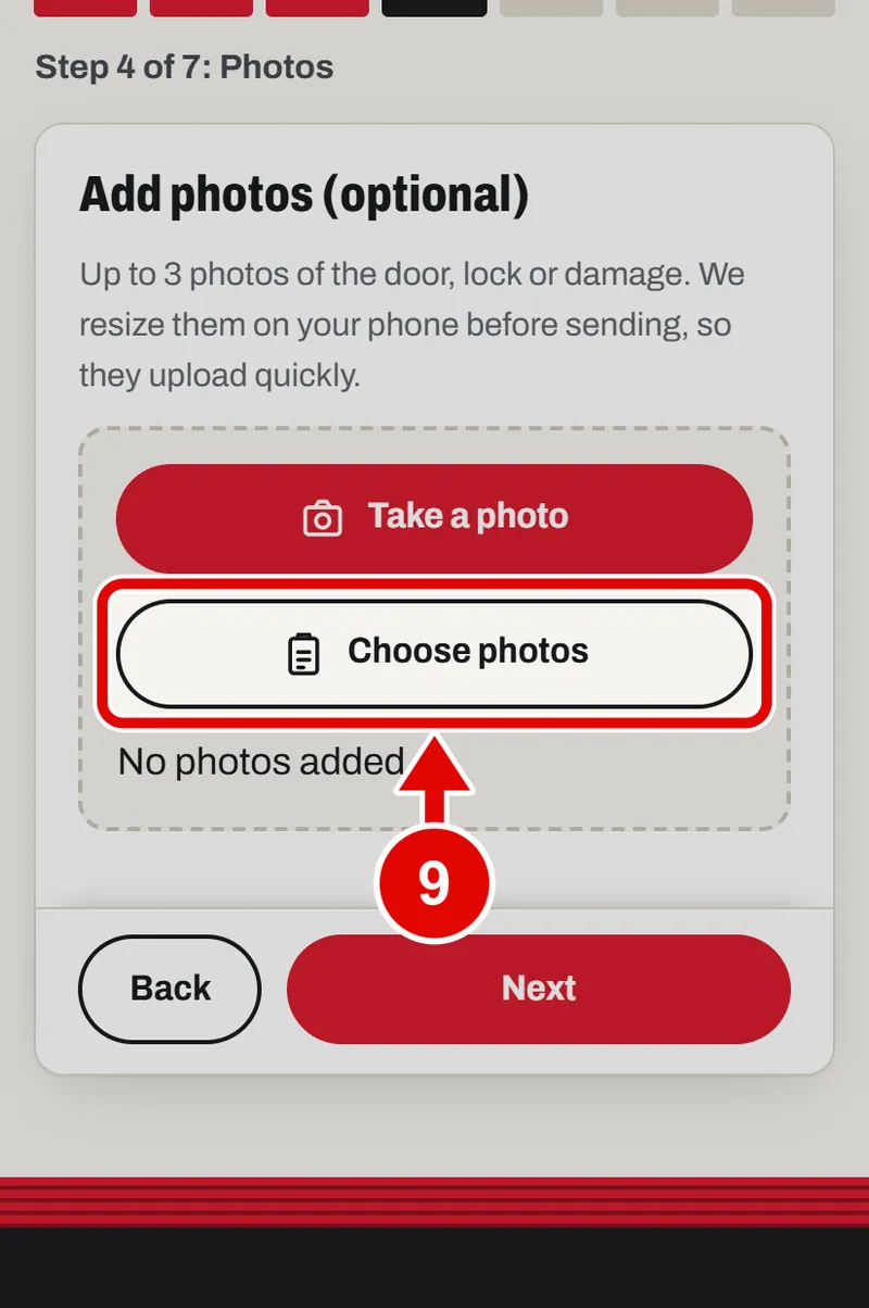 Screen grab from Book a survey, on a phone. A red box marks the part to use.