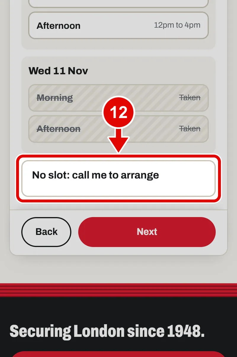 Screen grab from Book a survey, on a phone. A red box marks the part to use.