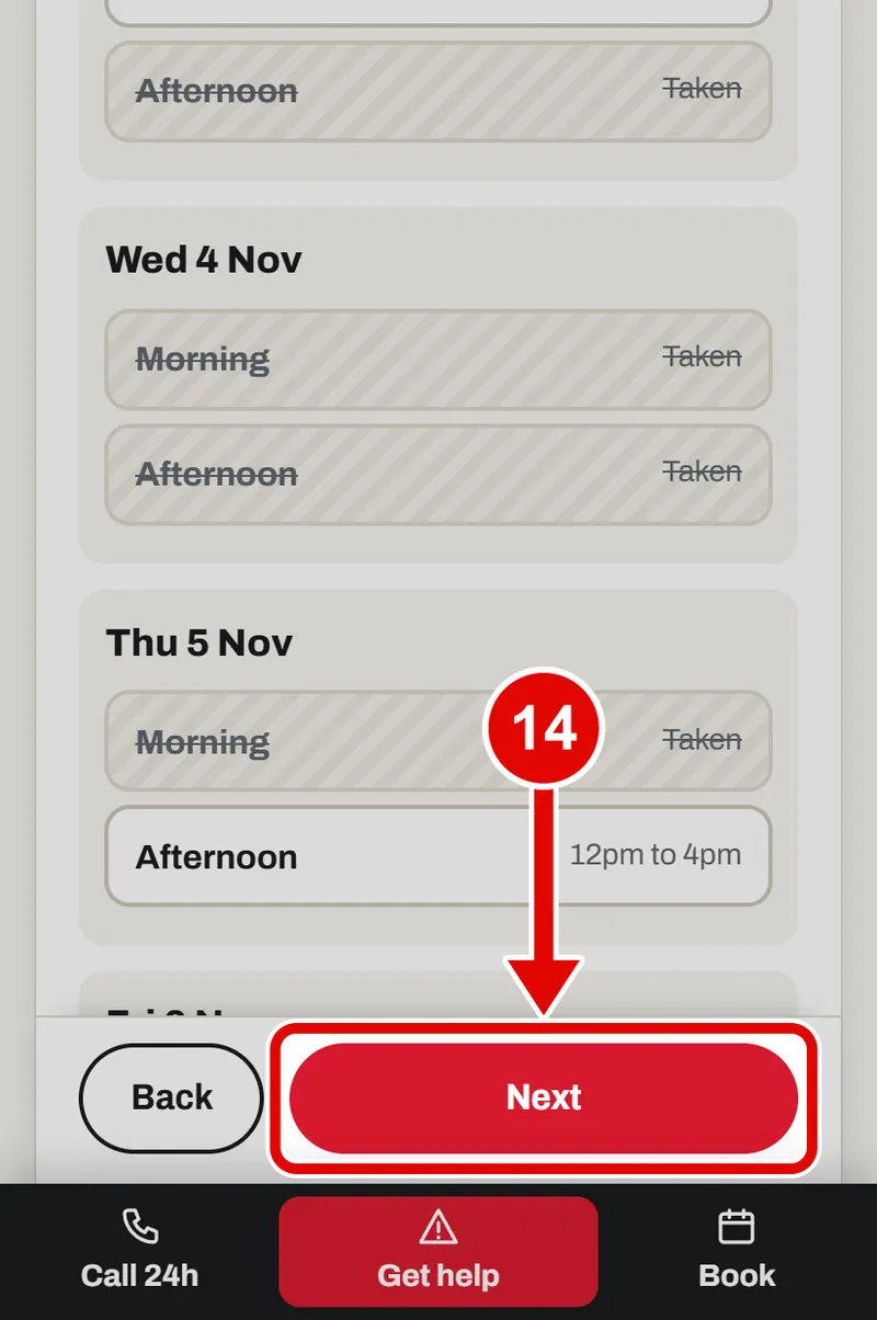 Screen grab from Book a survey, on a phone. A red box marks the part to use.