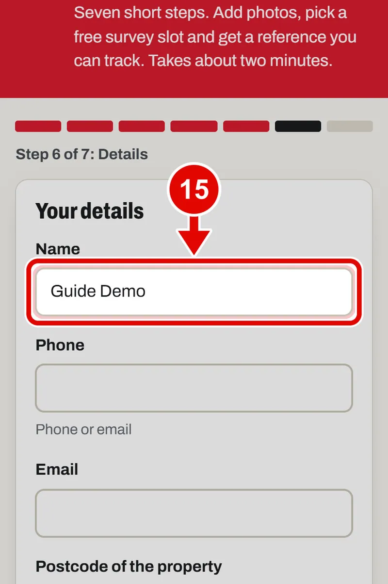 Screen grab from Book a survey, on a phone. A red box marks the part to use.
