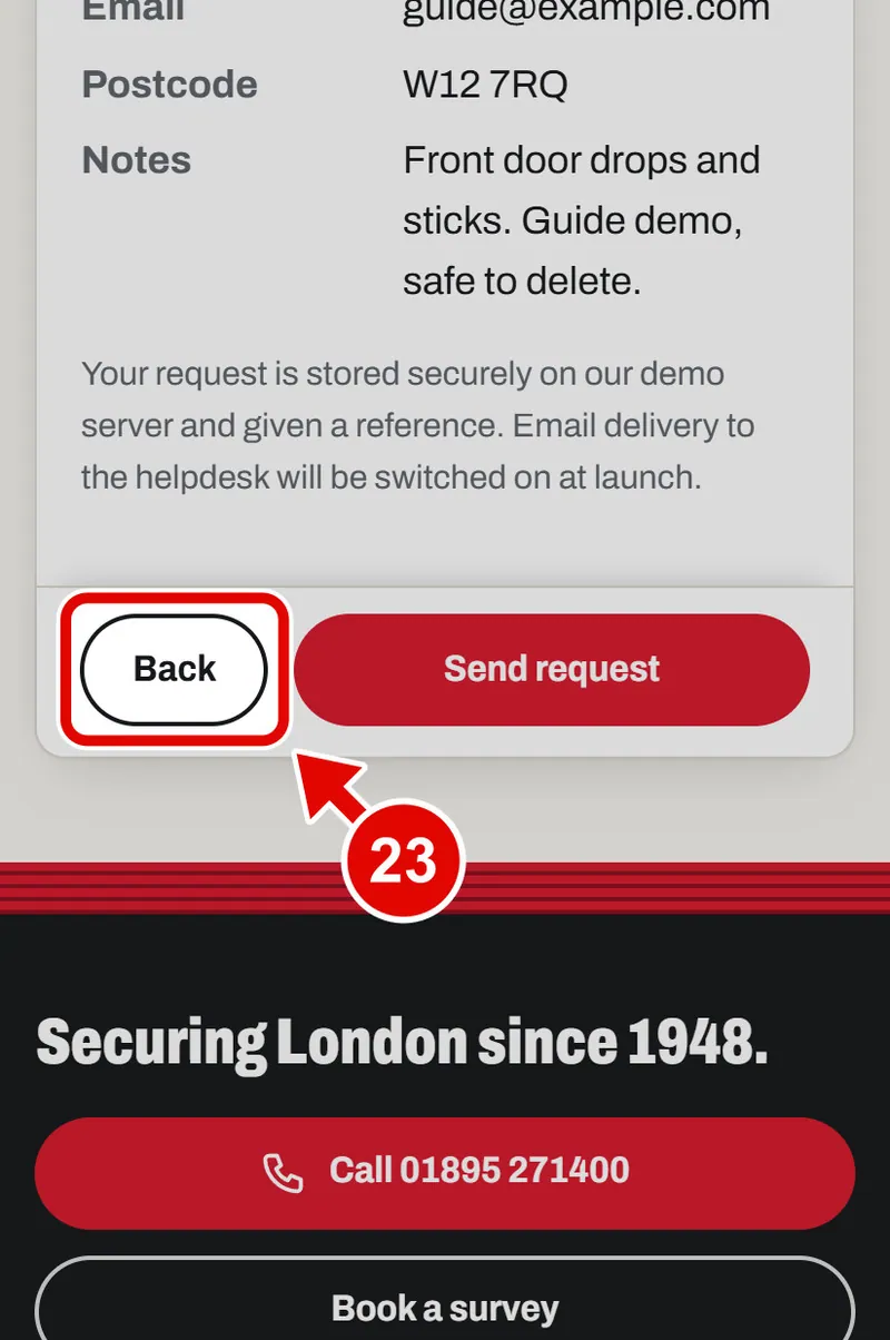 Screen grab from Book a survey, on a phone. A red box marks the part to use.