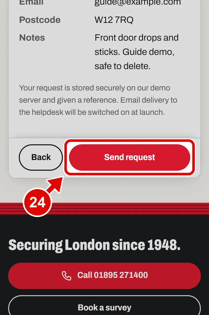 Screen grab from Book a survey, on a phone. A red box marks the part to use.