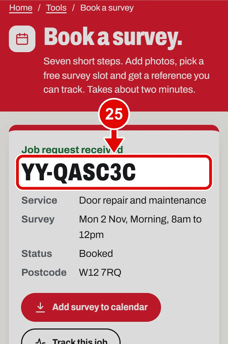 Screen grab from Book a survey, on a phone. A red box marks the part to use.