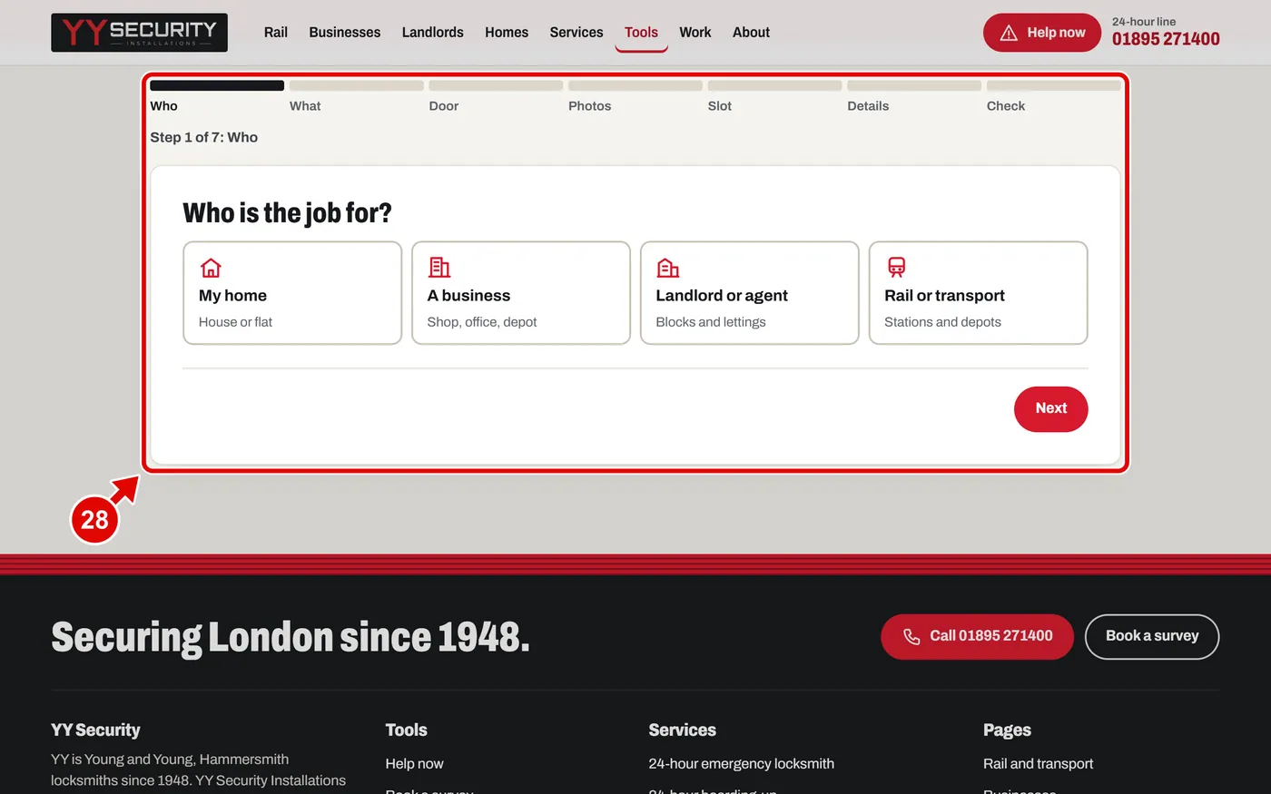 Screen grab from Book a survey, on a computer. A red box marks the part to use.