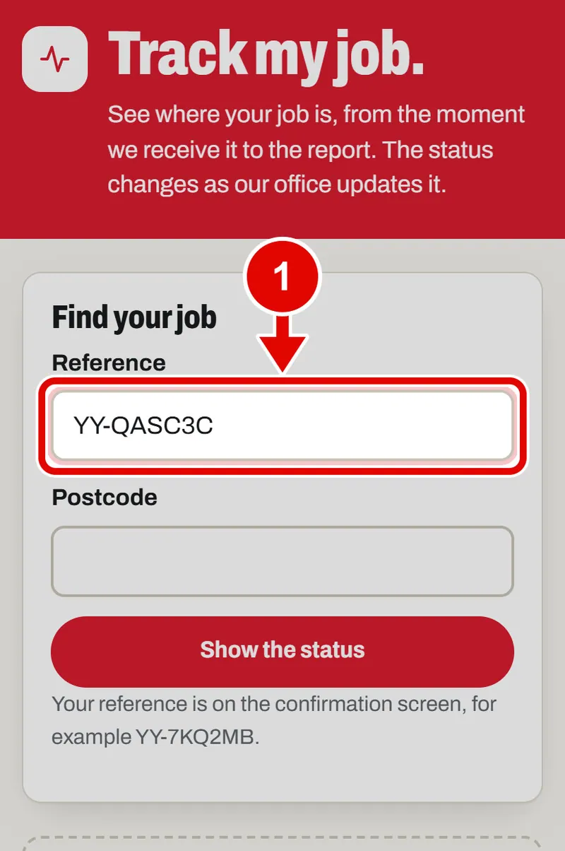 Screen grab from Track my job, on a phone. A red box marks the part to use.