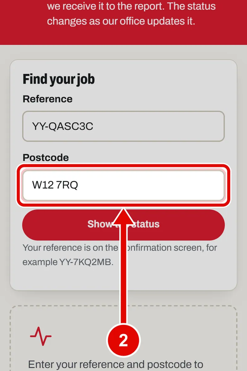 Screen grab from Track my job, on a phone. A red box marks the part to use.